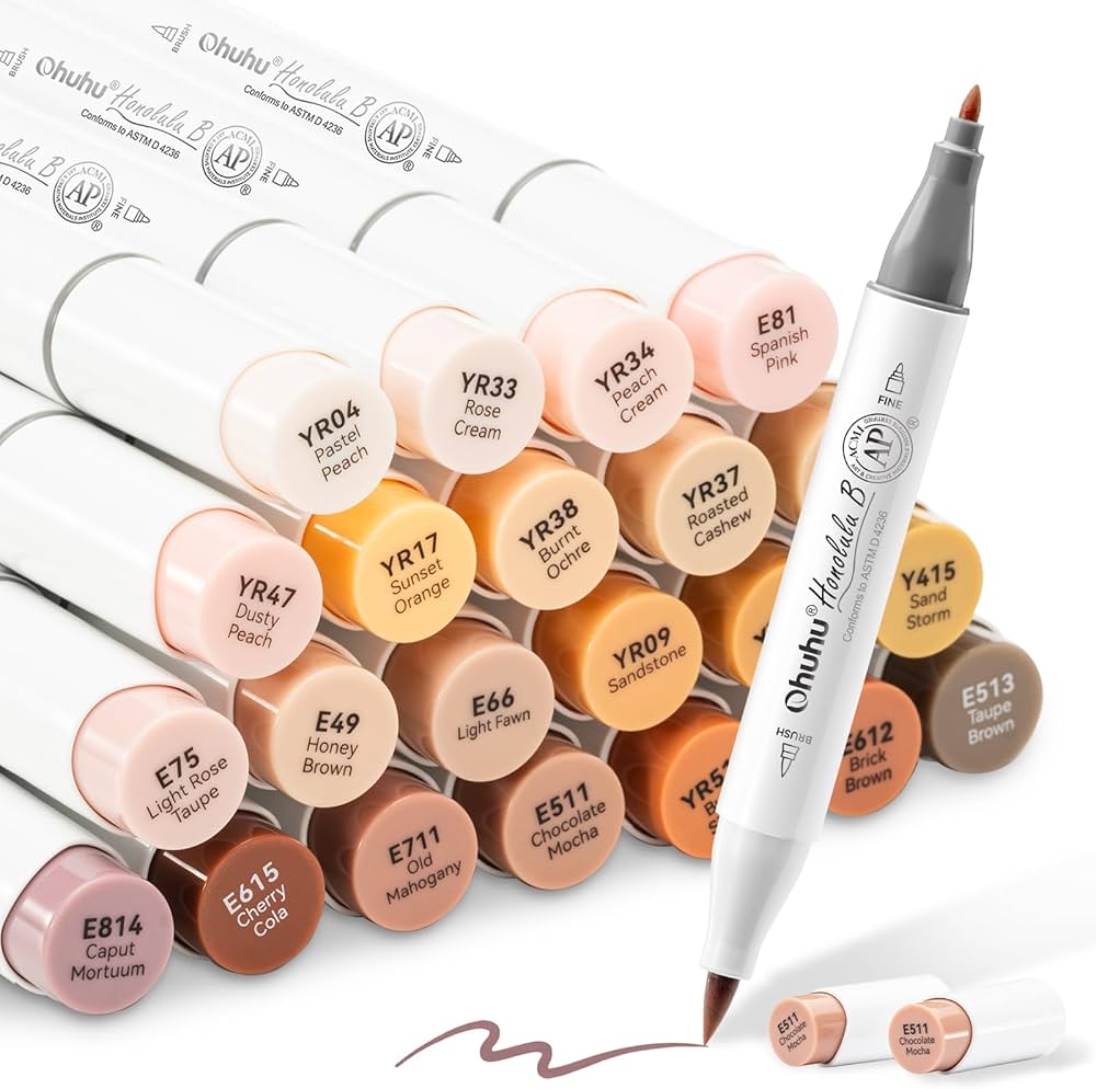 Amazon | Ohuhu マーカーペン 筆タイプ 24色25本 肌色系 プロ